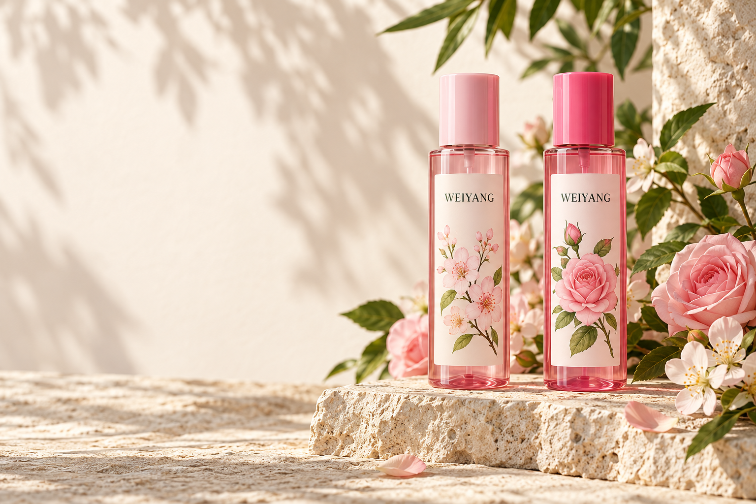 Concept scene of pink body mist bottles with garden roses