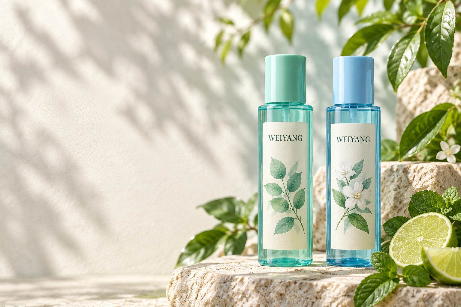 Concept scene of mint and blue body mist bottles with fresh leaves