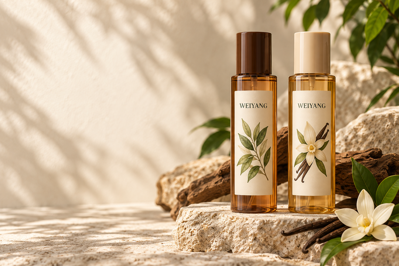 Concept scene of amber body mist bottles with woods and vanilla