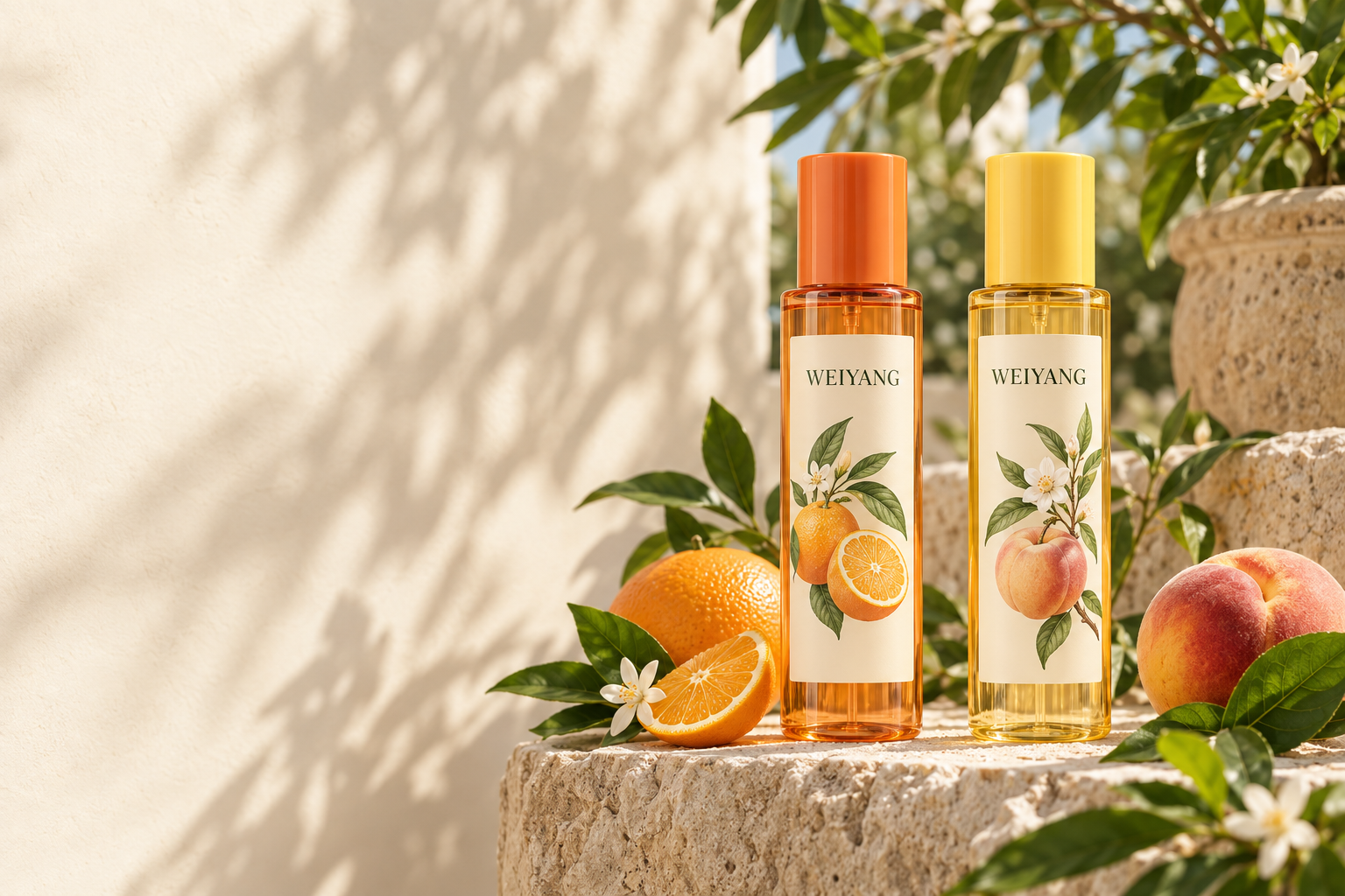 Concept scene of citrus body mist bottles with fruit and leaves